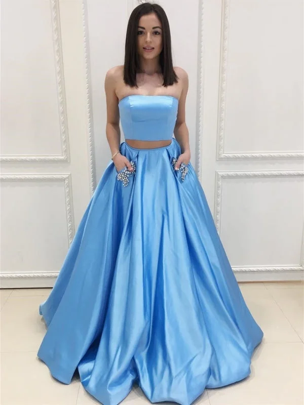 Two Piece Strapless Blue Satin Long Prom with Beading Pockets, Blue Formal, Two Pieces Blue Evening