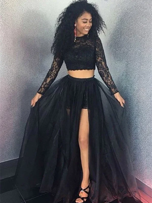 Two Pieces Long Sleeves Lace Black Prom, Two Pieces Black Formal, Evening