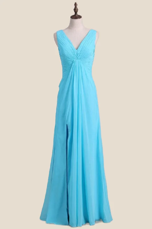 V Neck Blue Chiffon A-line Long Bridesmaid Dress