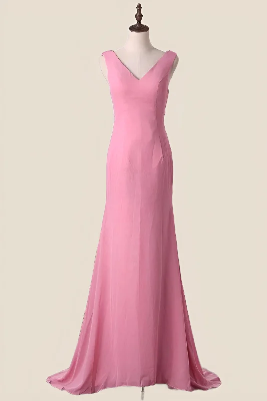 V Neck Blush Pink Chiffon Long Party Dress