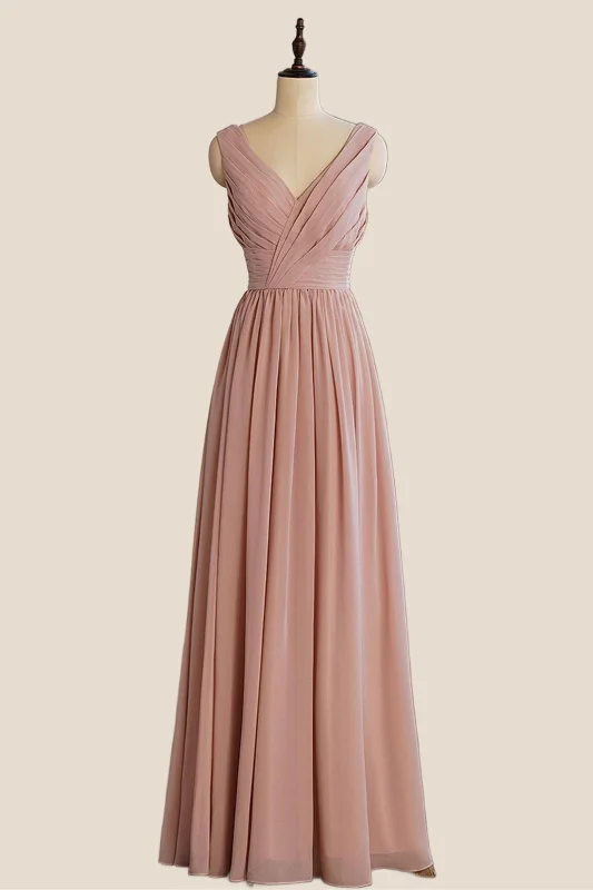 V Neck Blush Pleated A-line Long Dress