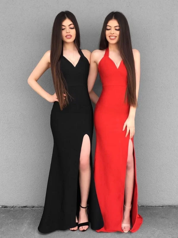 V Neck Mermaid Black/Red Long Prom with Side Slit, Mermaid Black/Red Bridesmaid, Graduation