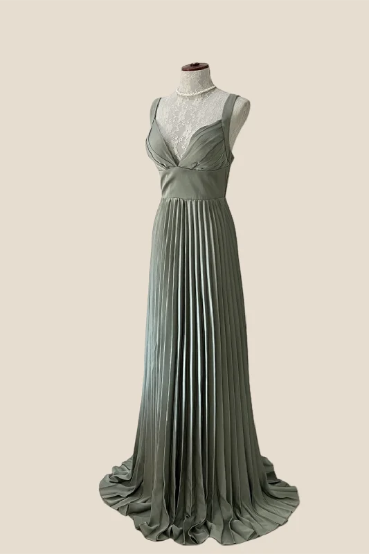 V-neck Olive Green Pleated Long Chiffon Dress