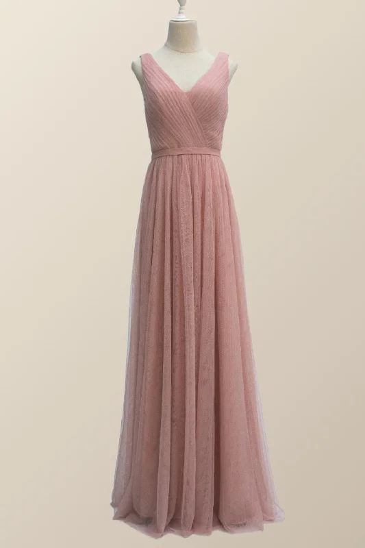 V Neck Plush Pink Tulle Long Bridesmaid Dress