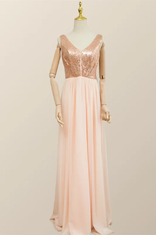 V Neck Rose Gold Sequin and Chiffon Long Bridesmaid Dress