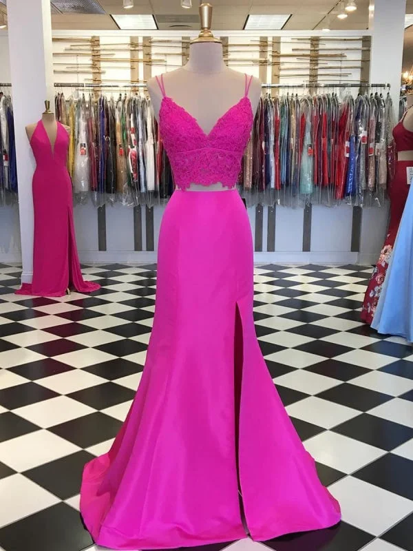 V Neck Two Pieces Mermaid Lace Satin Fuchsia Prom with Leg Slit, Fuchsia Mermaid Formal, Fuchsia Lace Evening