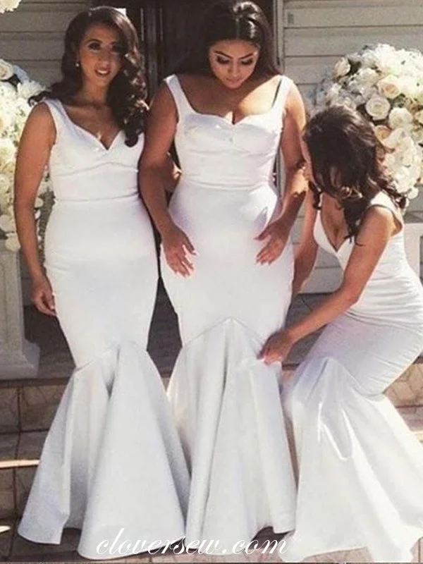 White Sleeveless Mermaid Elegant Long Bridesmaid Dresses, CB0190