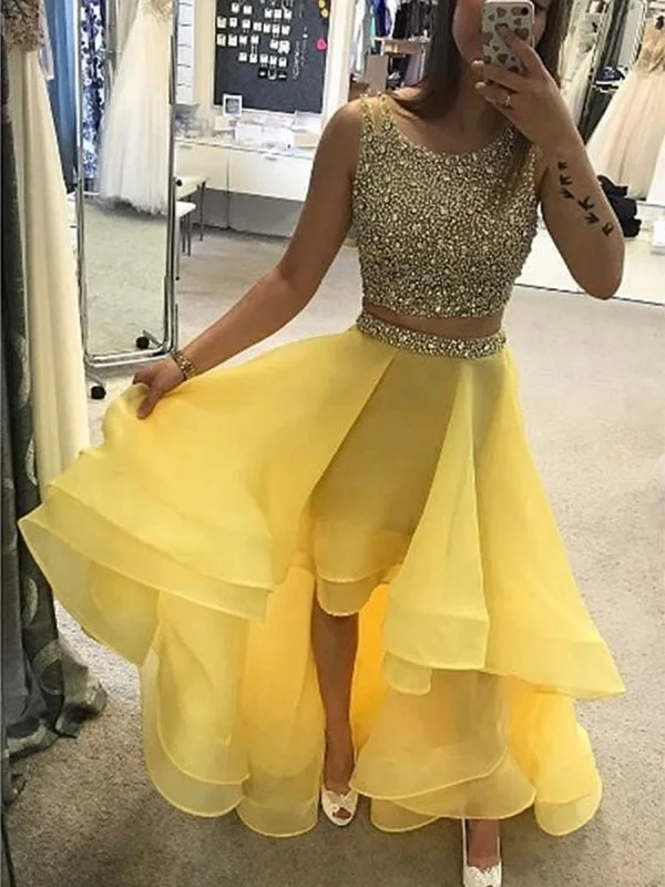 Yellow High Low Round Neck Two Pieces Beading Long Prom, Yellow Two Pieces Evening, Yellow Formal