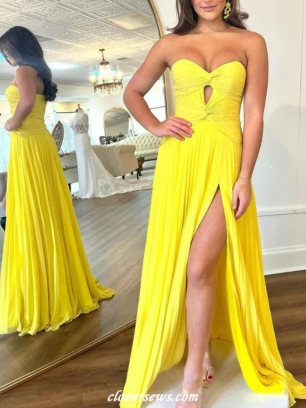 Yellow Pleating Chiffon Sweetheart Strapless A-line With Side Slit Long Bridesmaid Dresses, CB0322